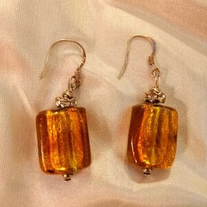 R01  Golden Murano-Style Glass Dangle Earrings – 925 Hooks